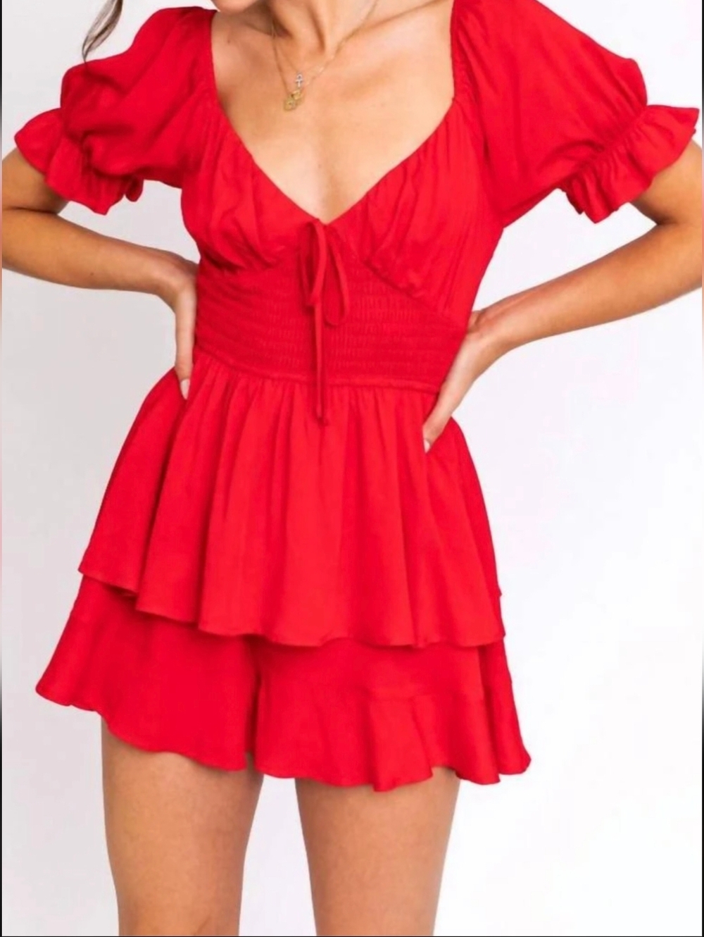 Le Lis Red Short Sleeve Smocked Waist Romper